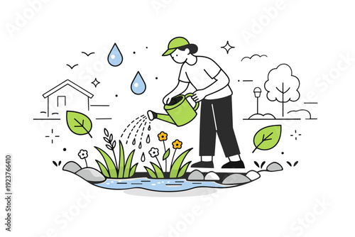 Watering a community rain garden. A person gently watering native plants in a rain garden bed, floating droplet and leaf icons, calm and nurturing neighborhood