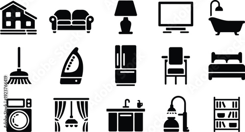 Black and white icons of common household objects and furniture