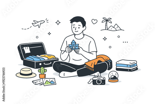 Returning from weekend trip. A traveler unpacking souvenirs and clothes at home after a short journey. Content, relaxed mood with small