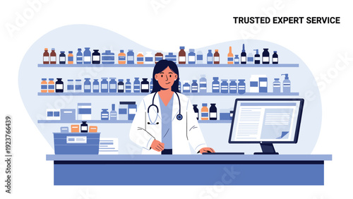 A friendly pharmacist in a white coat stands behind a counter in a well-stocked pharmacy.
