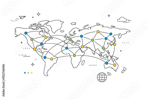 Global internet connection. A simplified world map with connected points and lines, representing worldwide data exchange. Sense of scale and reliability with