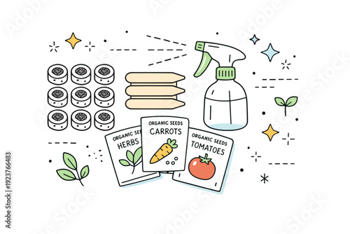 Flatlay of seed starting tools. A neat layout with soil pellets, wooden plant labels, a spritzer, and packets of organic seeds, abstract