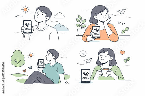 Offline mode concepts. A person holds a device with an offline icon and minimal interface, looking around or pausing thoughtfully, suggesting