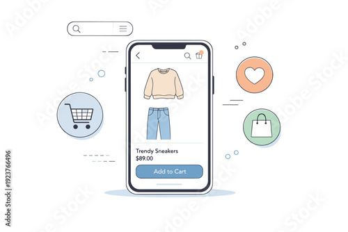 Mobile shopping experience. A phone displaying product images, add-to-cart and wishlist icons floating nearby, clean ecommerce navigation.