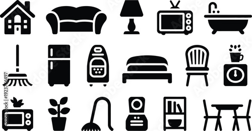 Black and white household furniture and appliance icons