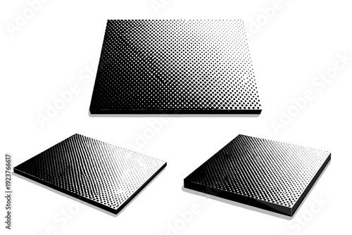 Gradient-style dot texture tile. A gradient-style dot texture tile is displayed in three views: flat overhead view, angled side view, and