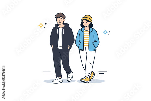 Low-energy socializing. Two people walking slowly side by side, hands in pockets, no animated gestures. Comfortable silence and unhurried