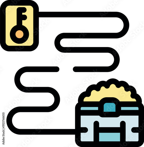 Key icon connected by a winding path to a treasure chest, symbolizing a quest or journey to achieve a goal