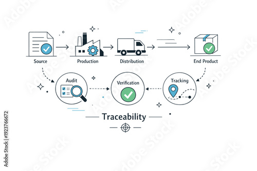 Traceability visuals. Abstract flow diagram with checkpoints, labels, and arrows indicating verification and tracking. Calm structured