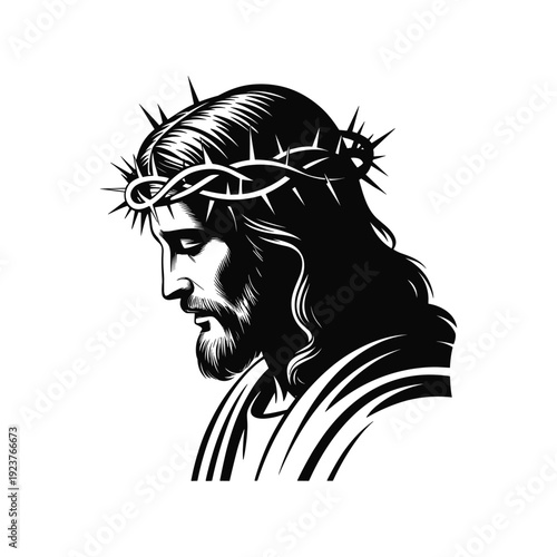 Black and White Profile Illustration of Jesus Christ with Crown of Thorns