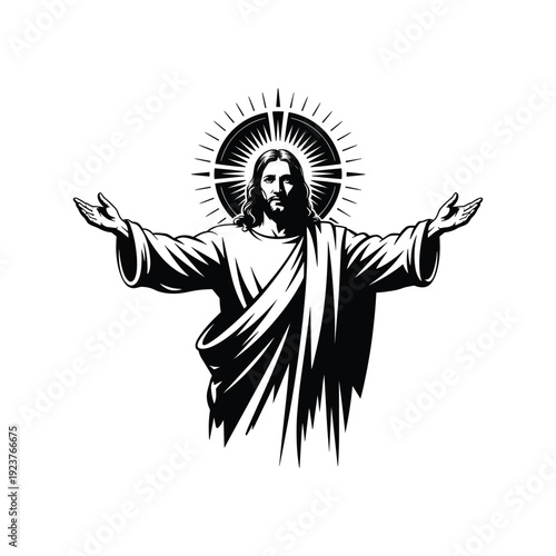 Jesus Christ Illustration with Open Arms and Sacred Halo, Black and White Vector Style