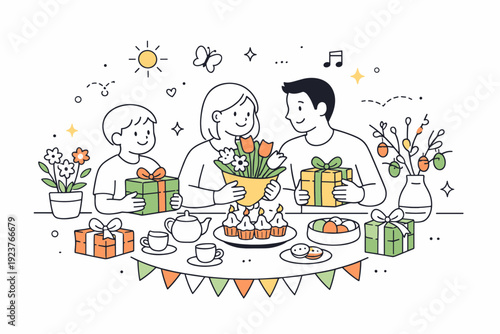 Spring holiday family moment. Simple characters sharing a quiet festive moment with flowers, gifts, and a decorated table. The scene highlights warmth,