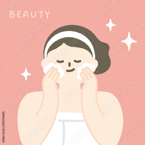 Skin care concept handdrawn illustration with beautiful woman washing face.