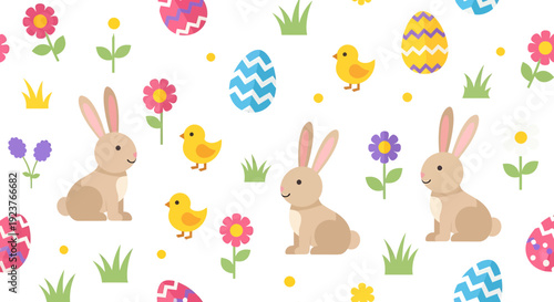 Happy easter cartoon illustration with cute bunnies chicks and colorful decorated eggs