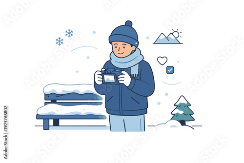 Simple winter photography routine. A person reviewing photos on a camera screen while standing near a snowy bench or wall. Satisfaction,