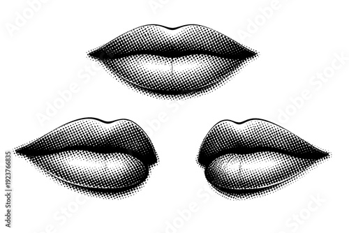 Lips halftone dots neutral closed lips depicted as a single realistic human lips object shown in three different views with accurate anatomy