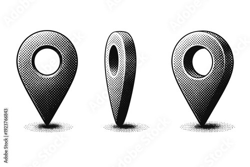 Location pin marker represented as one standalone icon displayed in straight frontal view, profile view, and angled three-quarter view with