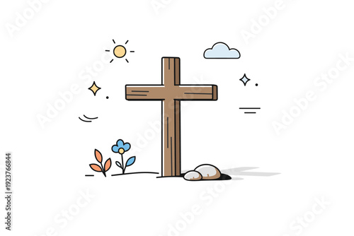 Good Friday symbolic illustration. A calm editorial scene with a simple wooden cross standing quietly, soft abstract shadows suggesting