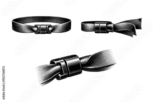 Festival wristband with plastic locking mechanism shown from front view, side view, and close-up angled view as a single object set. Black and white dot style