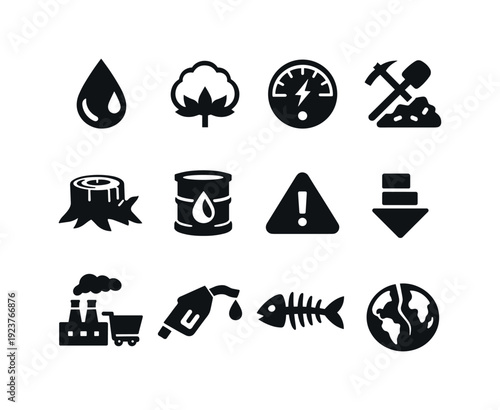 Resource depletion. Filled icon set of Resource depletion: water drop, cotton plant, energy