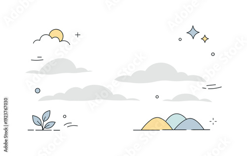 Minimalist illustration of clouds, sun, stars, and rolling hills with a small plant sprout