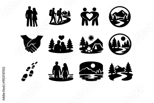 Together Outdoors. Solid icon set of Together Outdoors: couple silhouette, hiking trail, bonding symbol, nature frame, hand holding icon,