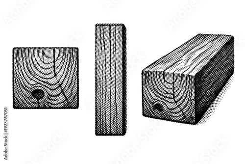 Wooden beam segment with pronounced grain pattern represented as one standalone object shown in front view, side view, and three-quarter view emphasizing form