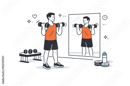 Gym strength workouts during off-season. Person training with dumbbells near a mirror, steady rhythm and relaxed concentration. Sense of