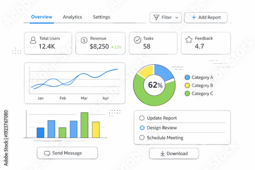 Minimalist Dashboard UI. Dashboard interface elements. Charts, data cards, tabs, and buttons arranged as a simplified UI overview, emphasizing clarity and