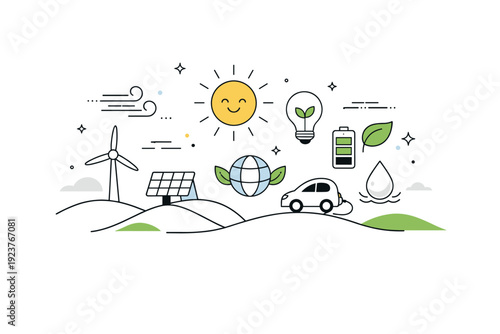 Green energy future. Abstract landscape with sun, wind, and energy symbols floating gently, expressing optimism and long-term sustainability. Clean, modern,