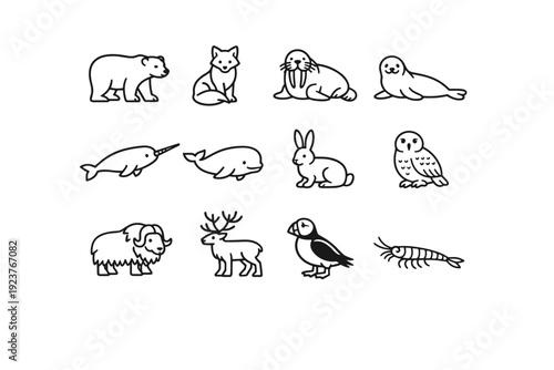 Polar Wildlife. Line icon set of Polar Wildlife: polar bear, arctic fox, walrus, seal, narwhal, beluga whale, arctic hare, snowy owl, musk