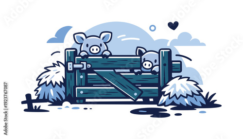 Pigsty gate. Rustic wooden gate at a pigsty entrance, weathered planks and simple latch, hay