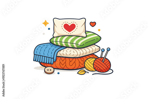 Cozy Knitted Comfort. Knitted decor elements for a warm home atmosphere a calm visual story of cushions, throws and yarn arranged as a badge of comfort,