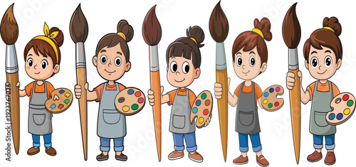 Cartoon girls painters with oversized brushes and colorful palettes, creative children art illustration for education, artistic expression, kids drawing concept, playful design