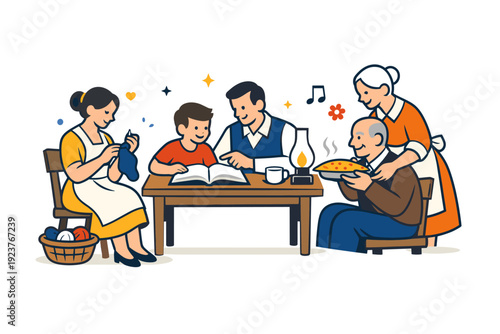 Historical family life and domestic routines a warm and simple illustration of people gathered around everyday household objects, expressing