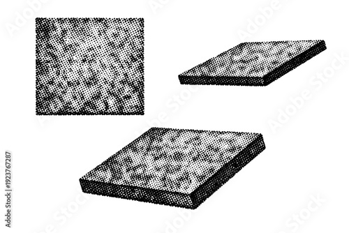 Analog-style dot grain overlay. An analog-style dot grain overlay tile is illustrated in three views: straight top view, rotated side view, and three-quarter