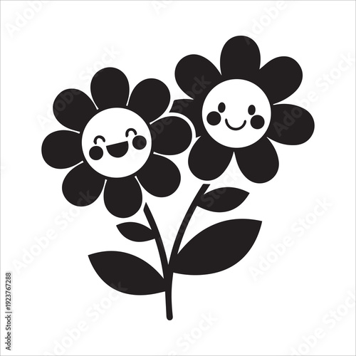 Two Cute Smiling Flowers on a Stem Kawaii Style Silhouette for Floral Design