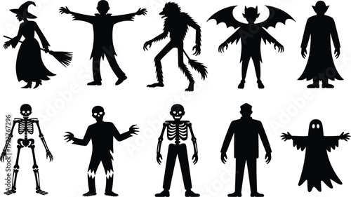 Halloween Silhouettes Of Spooky Characters Including Witch Vampire Skeleton And Werewolf vector illustration