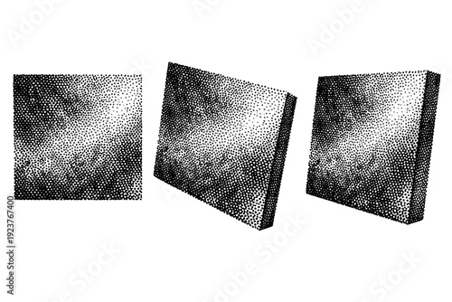 Halftone dotted drawing texture. A single halftone dotted drawing texture shown in three views: straight-on view, slight tilt view, and three-quarter view,