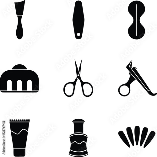 Black and white of beauty tools and accessories including brushes, scissors, and combs