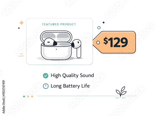 Product promotion layout. A minimal scene with featured product card, price tag, and short benefit text arranged neatly. Clear, confident