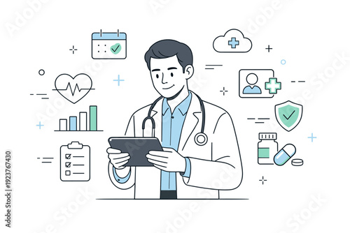 Modern healthcare services. A doctor using a tablet while reviewing simple health data and symbols. Calm scene highlighting technology, efficiency, and