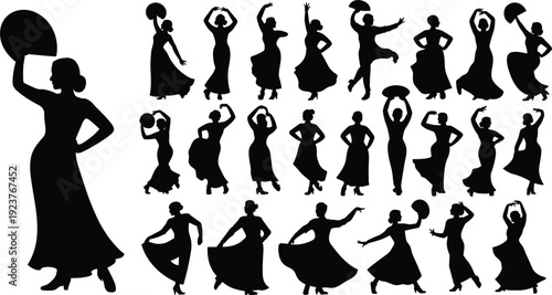 Silhouette Collection Of Flamenco Dancers In Various Poses With Fans And Skirts woman female