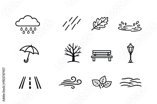 Rainy autumn atmosphere. Line outline icon set of Rainy autumn atmosphere: rain cloud,