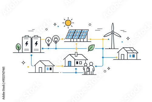 Community microgrid system. Homes, batteries, and renewable sources linked in a simple energy network. Cooperative energy sharing and local resilience with