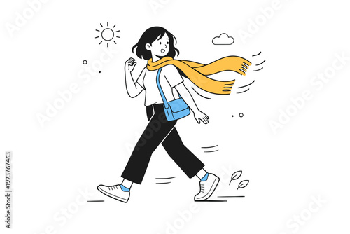 Wind surprises moments. A scarf or loose jacket flutters unexpectedly as a person walks, capturing a brief interruption in routine. The mood feels natural,