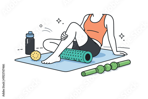 Post-workout recovery stretching. Close-up style scene with foam roller, mat, and calm stretching posture shown simply. Focus on muscle release and recovery