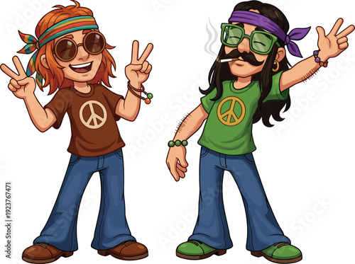 Cartoon hippie characters with peace symbols, sunglasses and headbands, colorful 1960s counterculture artwork for retro design, creative illustration, cheerful lifestyle concept
