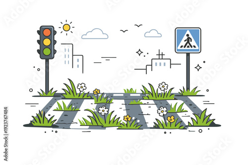 Overgrown city details. Crosswalk lines fading under patches of grass and small flowers. Visual metaphor of urban life slowing down as nature reappears.