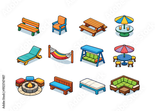 Collection of isometric outdoor furniture and leisure items on a white background